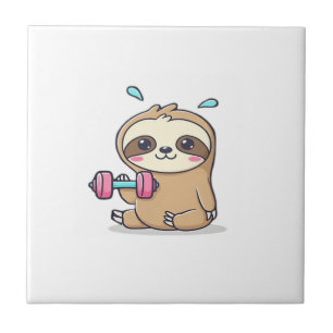Funny Chibi Sloth Workout Cute Kawaii Gym Cartoon Ceramic Tile