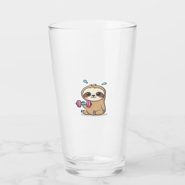 Funny Chibi Sloth Workout  Cute Kawaii Gym Cartoon Glass (Front)