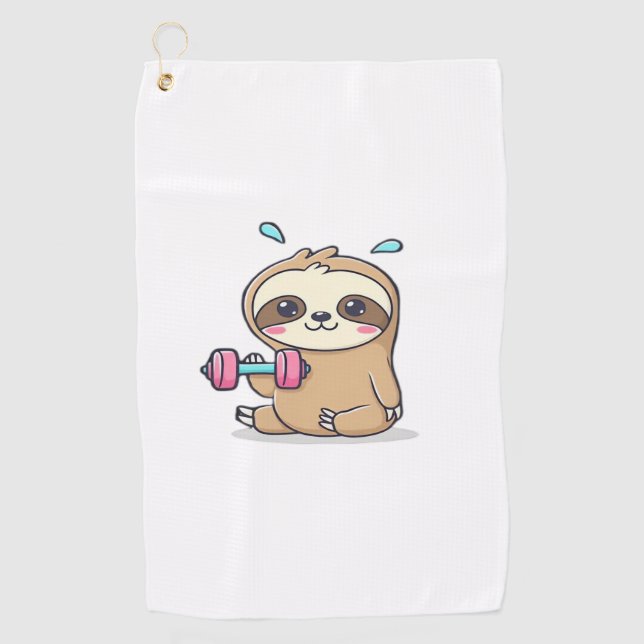 Funny Chibi Sloth Workout  Cute Kawaii Gym Cartoon Golf Towel (Front)