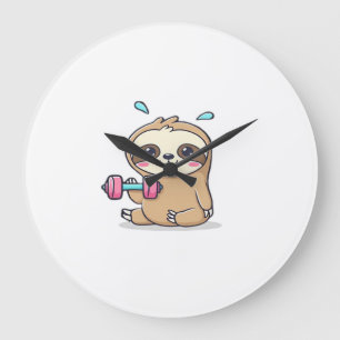 Funny Chibi Sloth Workout Cute Kawaii Gym Cartoon Large Clock
