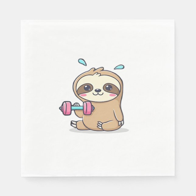 Funny Chibi Sloth Workout  Cute Kawaii Gym Cartoon Napkin (Front)
