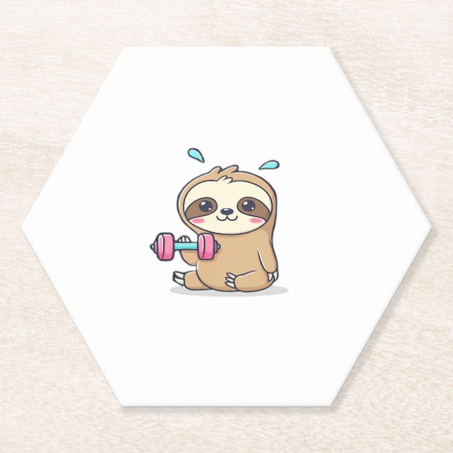 Funny Chibi Sloth Workout  Cute Kawaii Gym Cartoon Paper Coaster (Front)