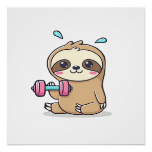 Funny Chibi Sloth Workout Cute Kawaii Gym Cartoon Poster