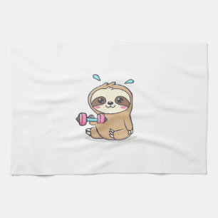 Funny Chibi Sloth Workout Cute Kawaii Gym Cartoon Tea Towel