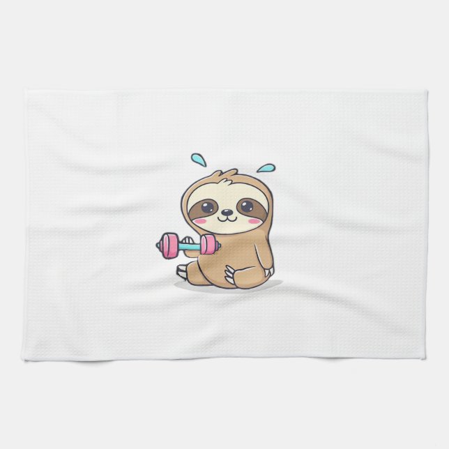 Funny Chibi Sloth Workout  Cute Kawaii Gym Cartoon Tea Towel (Horizontal)