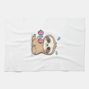 Funny Chibi Sloth Workout  Cute Kawaii Gym Cartoon Tea Towel