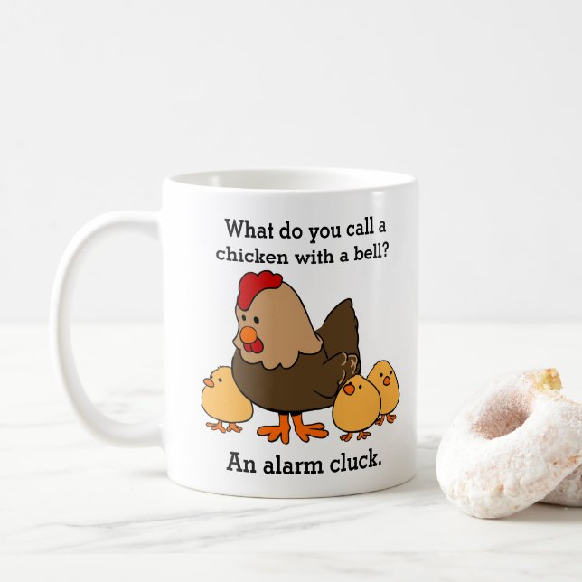 Funny Chicken Alarm Cluck Joke Coffee Mug (With Donut)