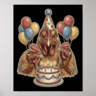 Funny Chicken Birthday Party Hat Cake Farm Animal Poster