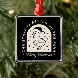 Funny chicken Christmas farm puns whimsical black Metal Ornament
