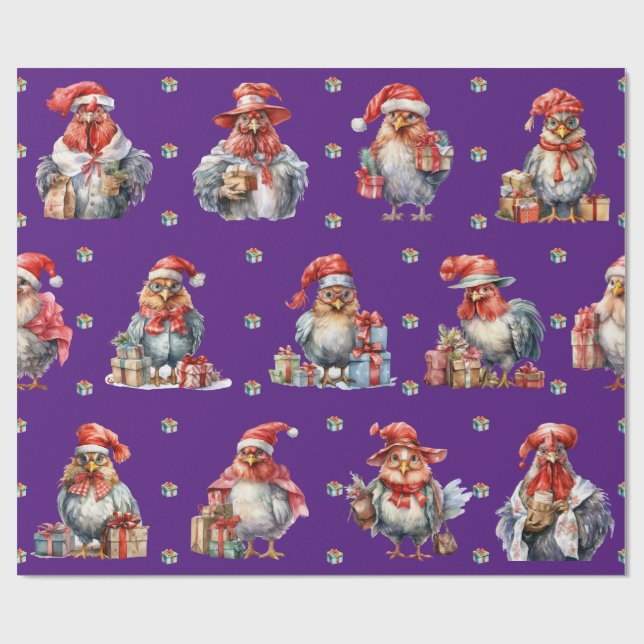 Funny Chicken Christmas Holiday Shoppers Purple Wrapping Paper (Flat)