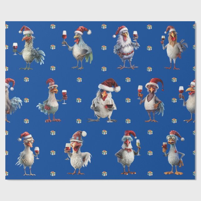 Funny Chicken Christmas Holiday Wine Party Blue Wrapping Paper (Flat)