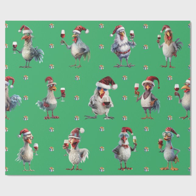 Funny Chicken Christmas Holiday Wine Party Green Wrapping Paper (Flat)