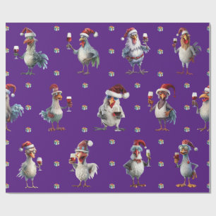 Funny Chicken Christmas Holiday Wine Party Purple Wrapping Paper