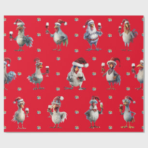 Funny Chicken Christmas Holiday Wine Party Red Wrapping Paper