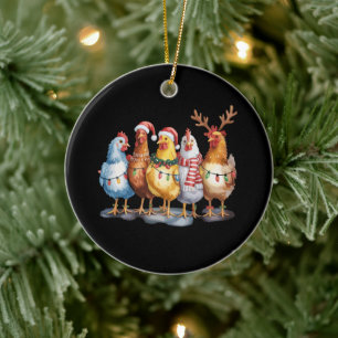Funny Chicken Christmas Lights Farm Animal Xmas Ceramic Ornament