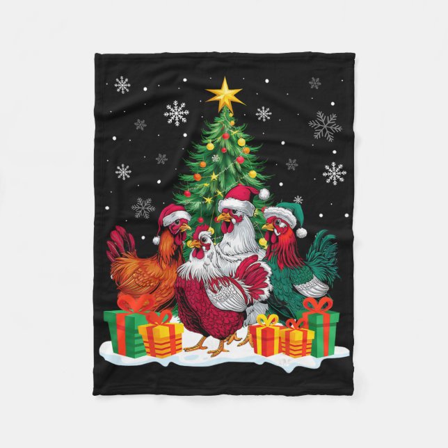 Funny Chicken Christmas Lights Tree Santa Hat Snow Fleece Blanket (Front)