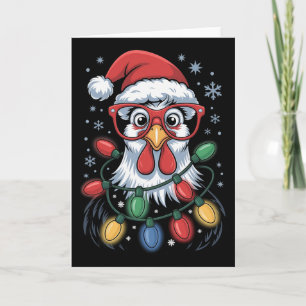 Funny Chicken Christmas Tree Lights Santa Hat Xmas Card