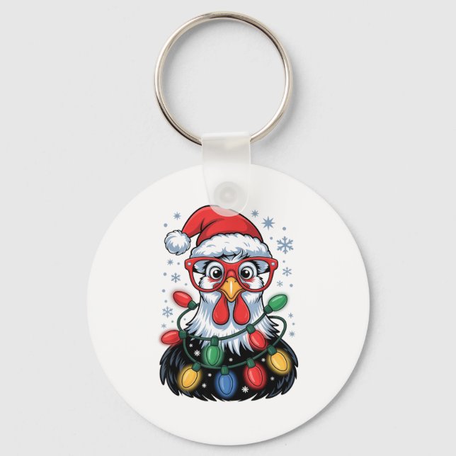 Funny Chicken Christmas Tree Lights Santa Hat Xmas Key Ring (Front)