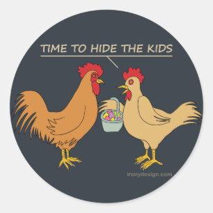 Funny Chicken Easter Egg Hunt Cartoon Blue Classic Round Sticker