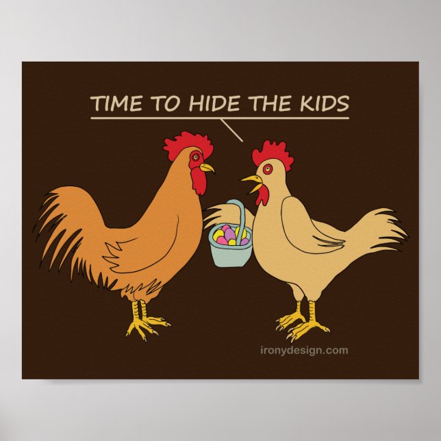 Funny Chicken Easter Egg Hunt Cartoon Brown Poster (Front)