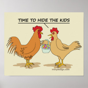 Funny Chicken Easter Egg Hunt Cartoon Poster