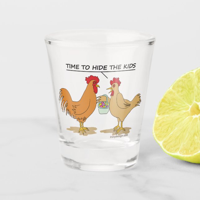 Funny Chicken Easter Egg Hunt Cartoon Shot Glass (Front)