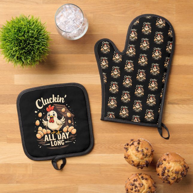 Funny Chicken Humour Rustic Farm Life Throw Pillow Oven Mitt & Pot Holder Set (Top Down)