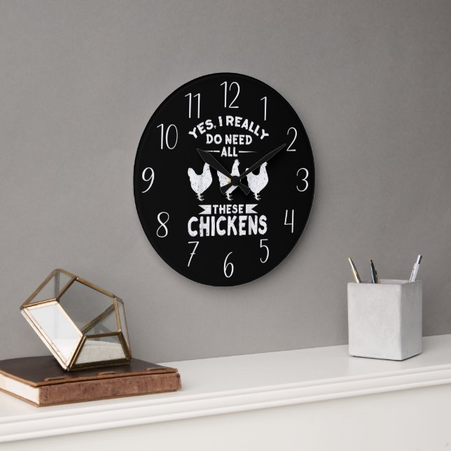 funny chicken lovers word art Large Clock (Office)