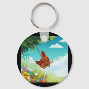 Funny Chicken On Swing Farm Men Women Kids Graphic Key Ring