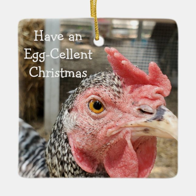 Funny Chicken Puns Christmas Ceramic Ornament (Front)