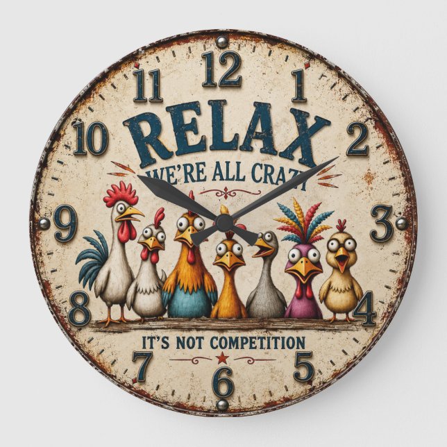 Funny Chicken Relax We're All Crazy Farmhouse Large Clock (Front)