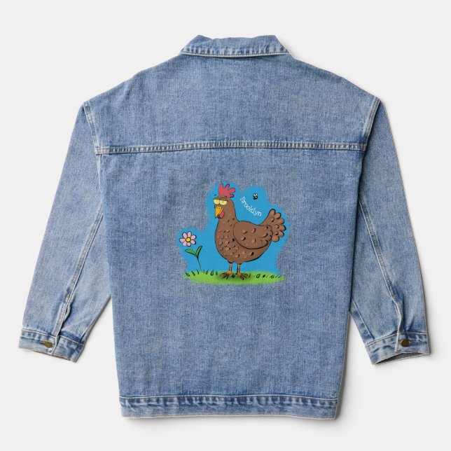 Funny chicken rustic whimsical cartoon denim jacket (Back)