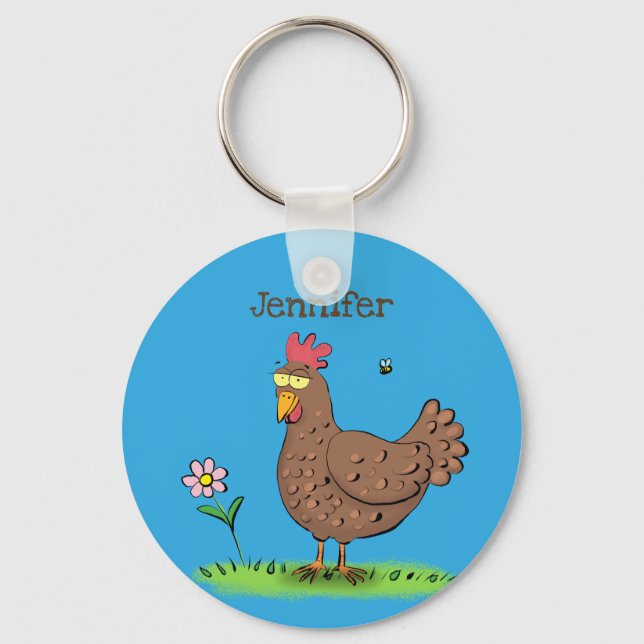 Funny chicken rustic whimsical cartoon key ring (Front)