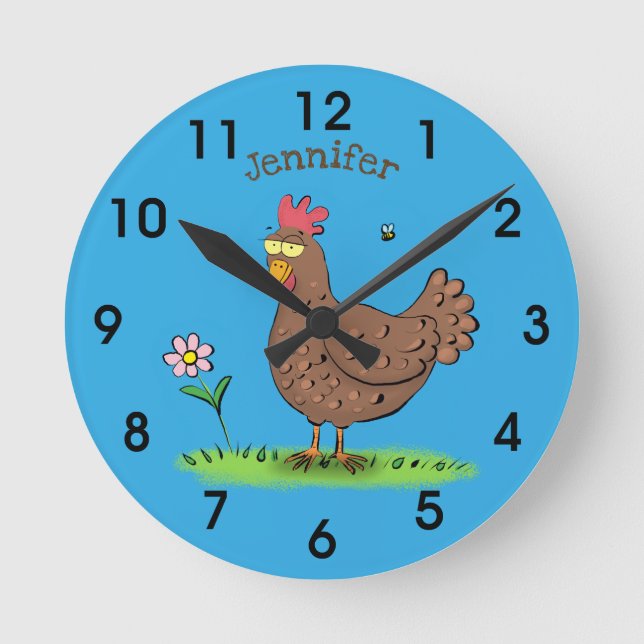 Funny chicken rustic whimsical cartoon round clock (Front)