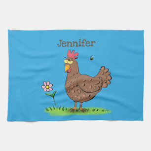 Funny chicken rustic whimsical cartoon tea towel