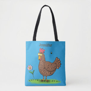 Funny chicken rustic whimsical cartoon tote bag