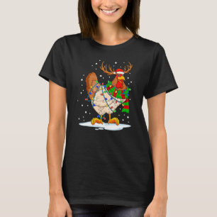 Funny Chicken Santa Reindeer With Lights Christmas T-Shirt