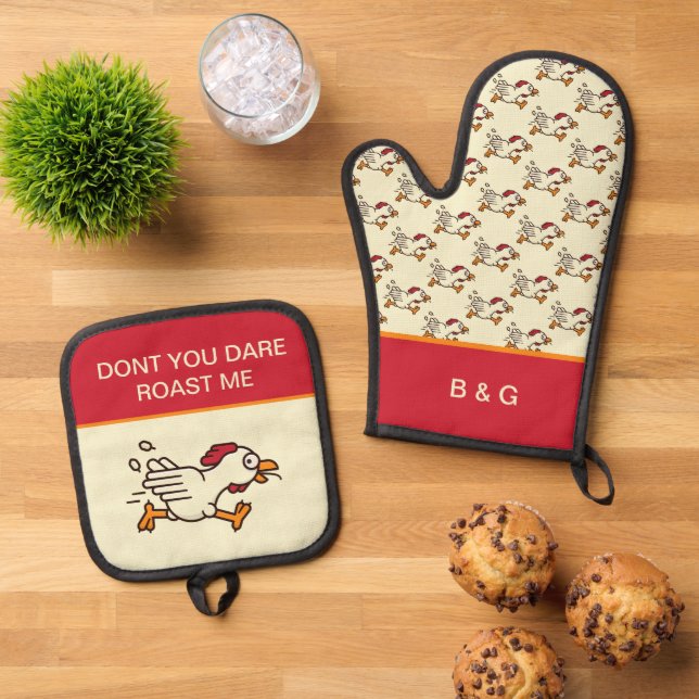 funny chicken saying oven mitt & pot holder set (Top Down)