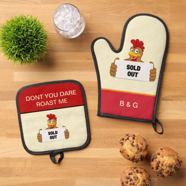 funny chicken saying oven mitt & pot holder set (Top Down)