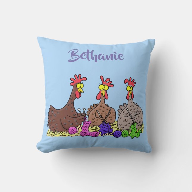 Funny chicken trio knitting cartoon cushion (Front)