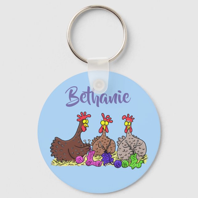 Funny chicken trio knitting cartoon key ring (Front)