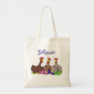 Funny chicken trio knitting cartoon tote bag
