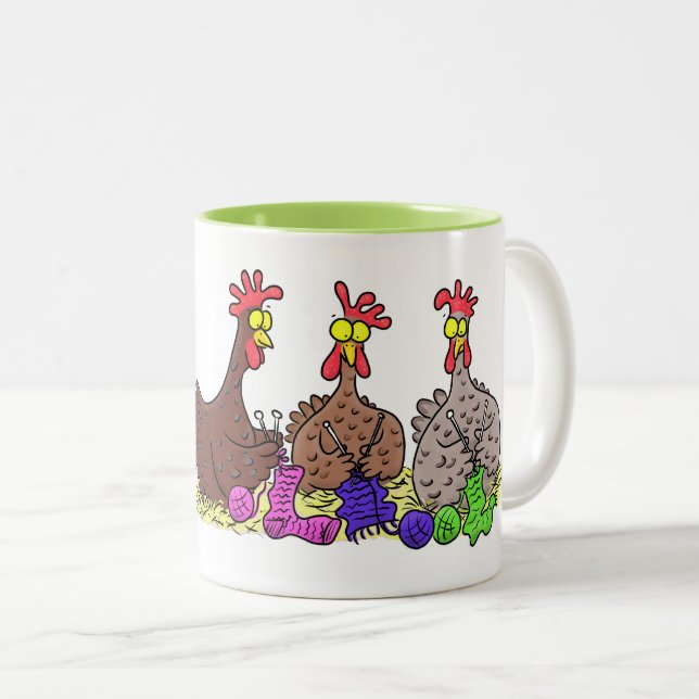 Funny chicken trio knitting cartoon Two-Tone coffee mug (Front Right)