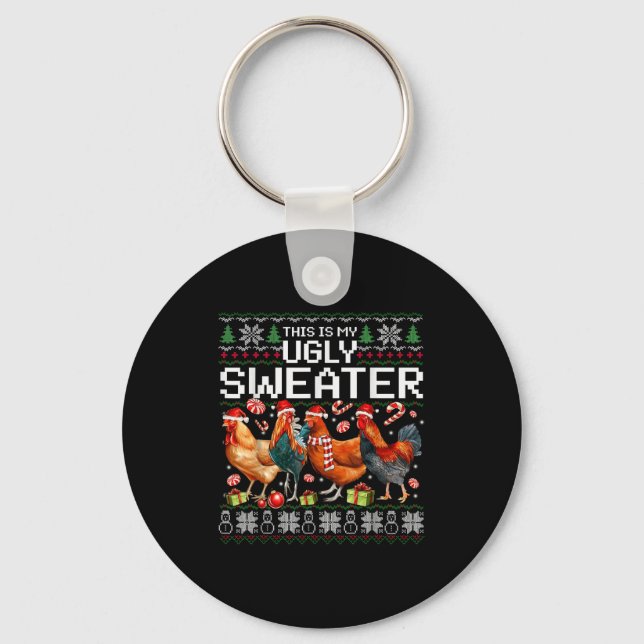 Funny Chicken Ugly Christmas Sweater Holiday Desig Key Ring (Front)