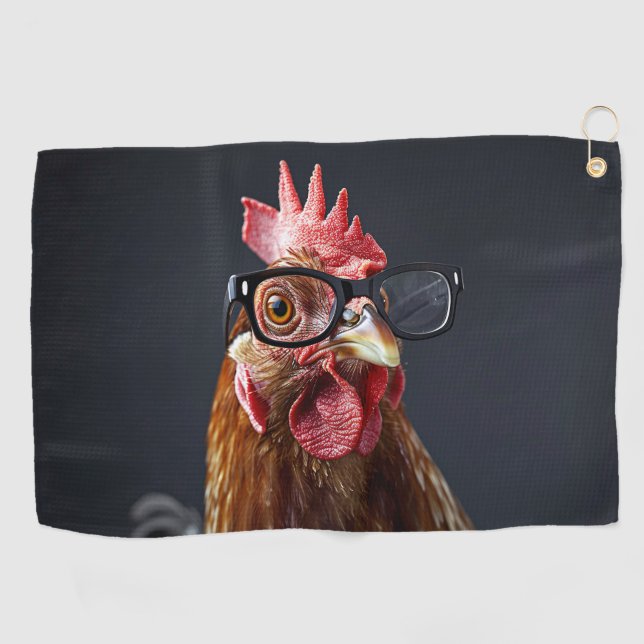 Funny Chicken Wearing Glasses Golf Towel (Horizontal)