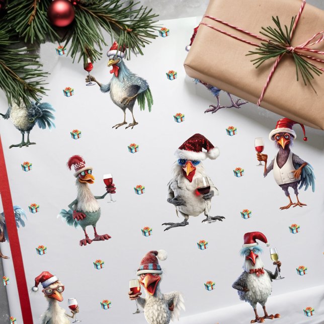 Funny Chicken Wine Party Christmas Holiday White Wrapping Paper (Creator Uploaded)