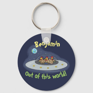 Funny chickens in flying saucer cartoon keychain