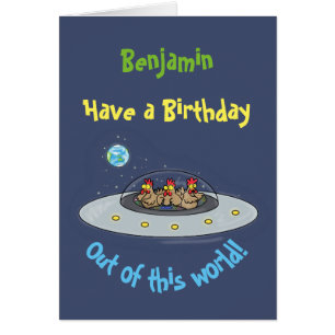 Funny chickens in space cartoon birthday card
