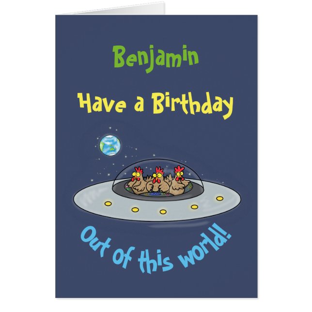 Funny chickens in space cartoon birthday card (Front)