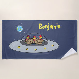 Funny chickens in space cartoon illustration beach towel